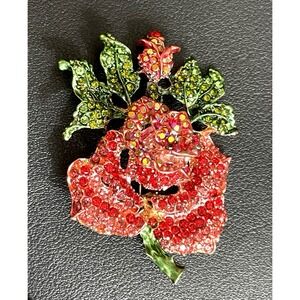 Rhinestone Flower Brooch Red Green Enamel Rose Gold Tone Floral Pin Large
